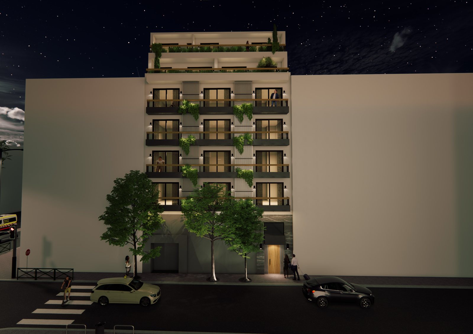 Ampelokipi'de yeni yapı — bina cephesi, akşam (render)